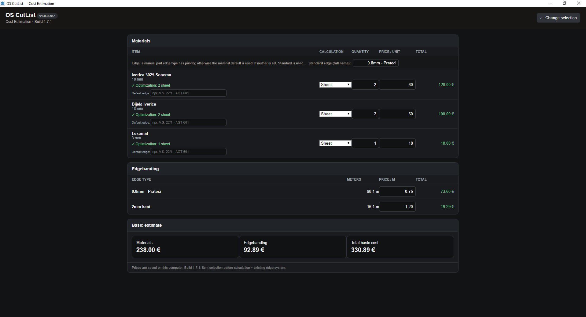OS CutList material, edge banding and cost estimation tables