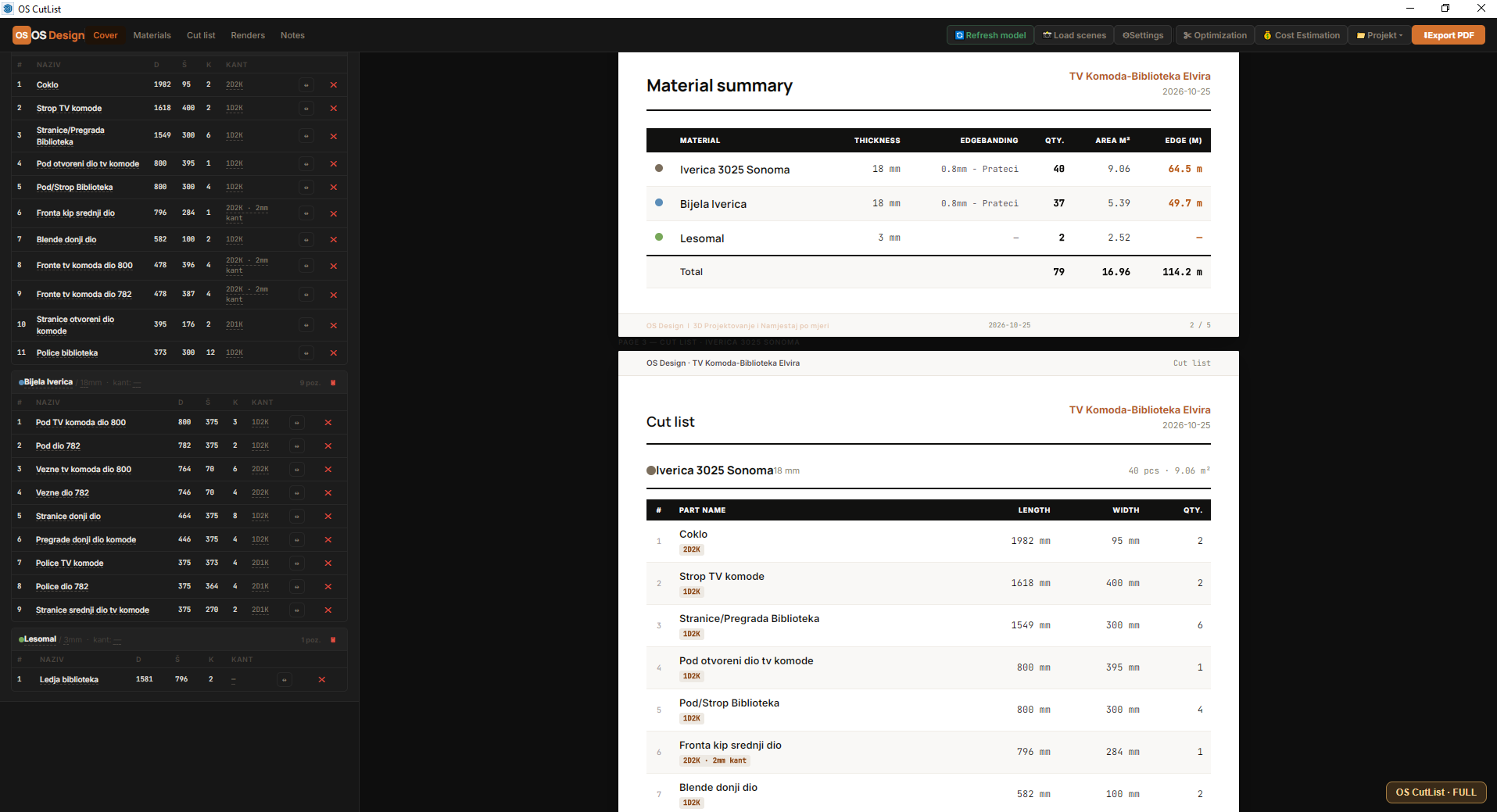 OS CutList editable parts list beside PDF cut list and material summary
