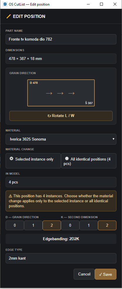 OS CutList Edit Position window in English showing grain direction, edging and editing identical positions