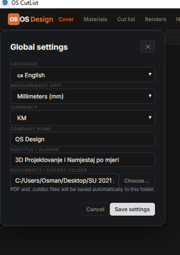 OS CutList global settings with measurement units, currency and PDF folder