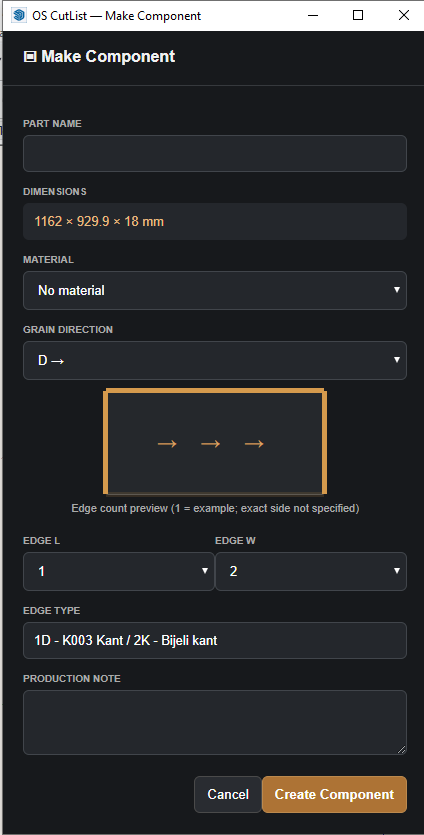OS CutList Make Component dialog with part name, material, grain direction, edge banding diagram and production note