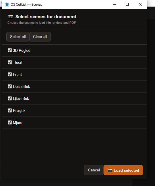 OS CutList scene selector with checkboxes